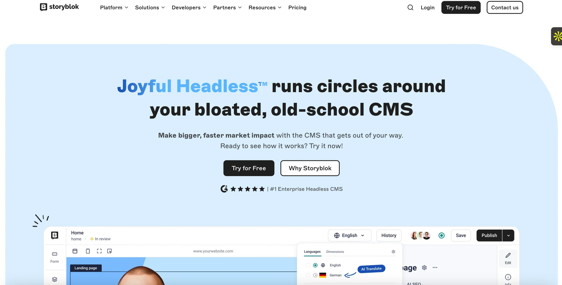 Screenshot of Storyblok's homepage