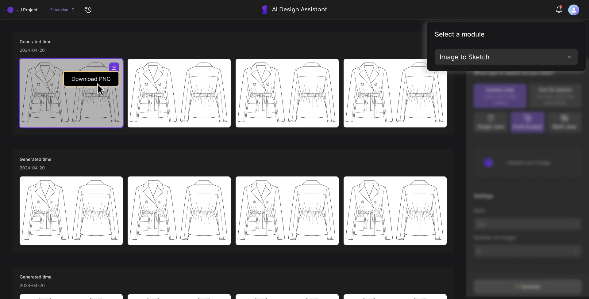 AI Design Assistant interface showing technical flat sketches of belted blazers with download options and sketch type settings