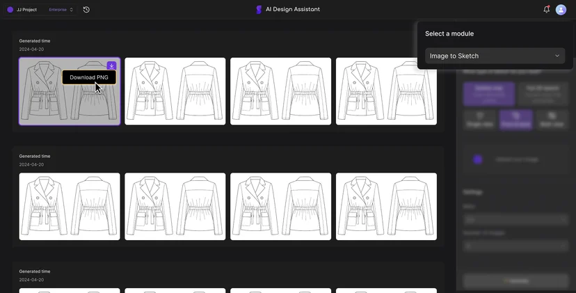 AI Design Assistant interface showing technical flat sketches of belted blazers with download options and sketch type settings
