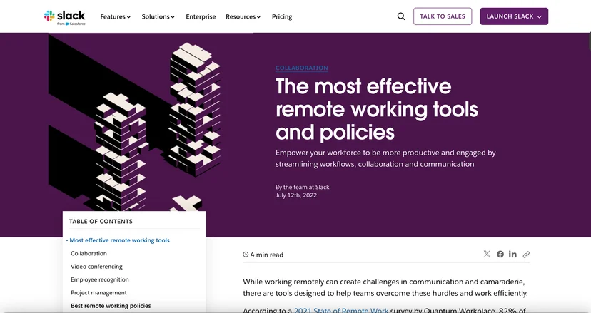 Slack article on remote working tools and policies with table of contents and abstract
