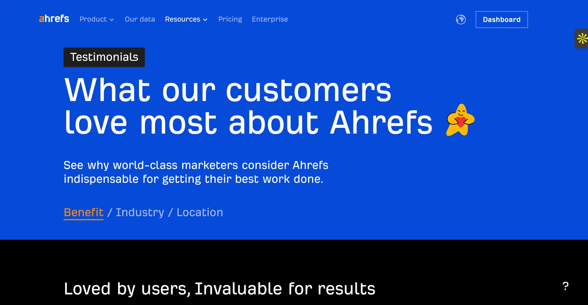 Ahrefs testimonials page header highlighting customer satisfaction with benefits filter