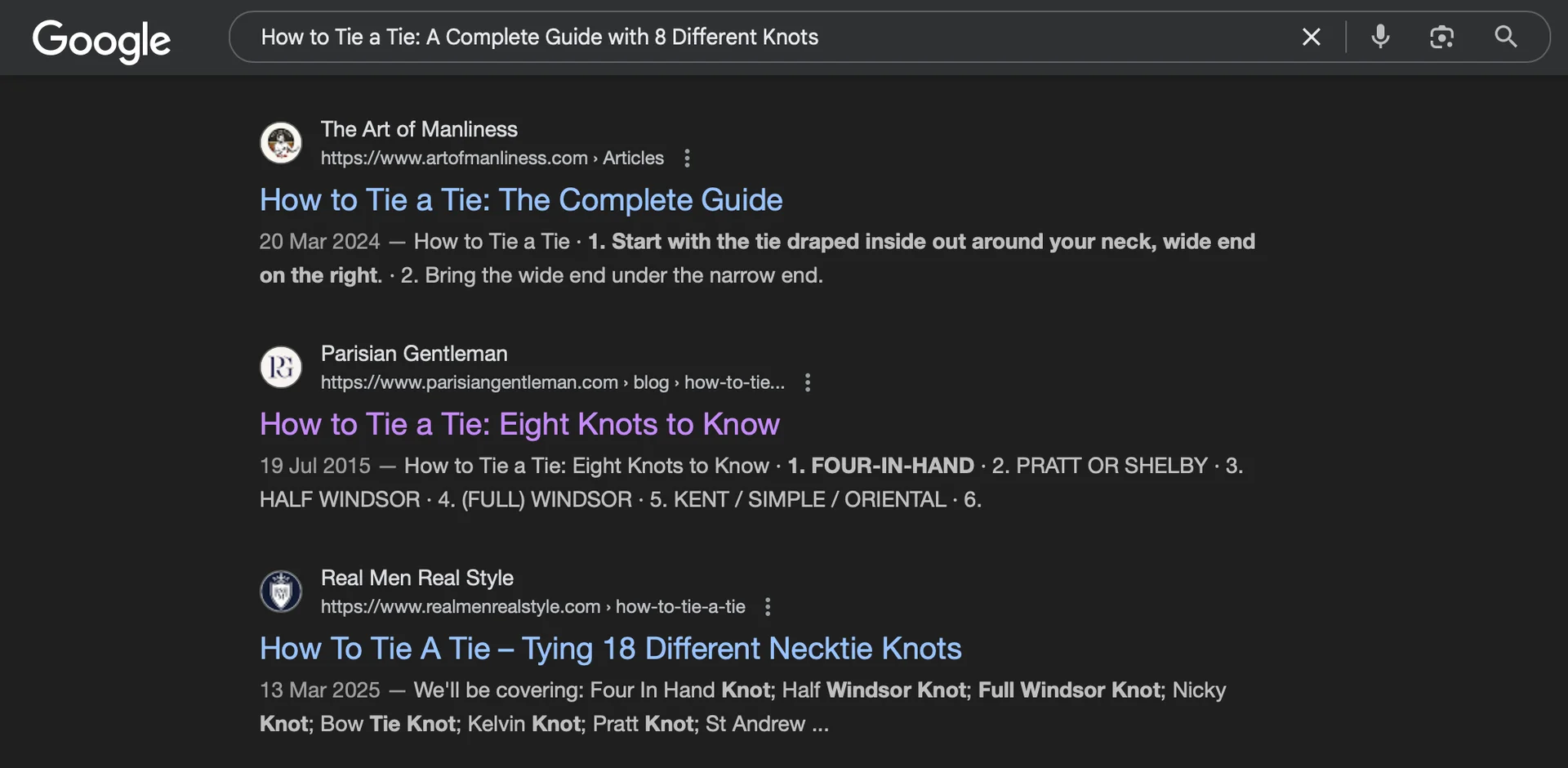 Google search results for how to tie a tie with guides on different necktie knots