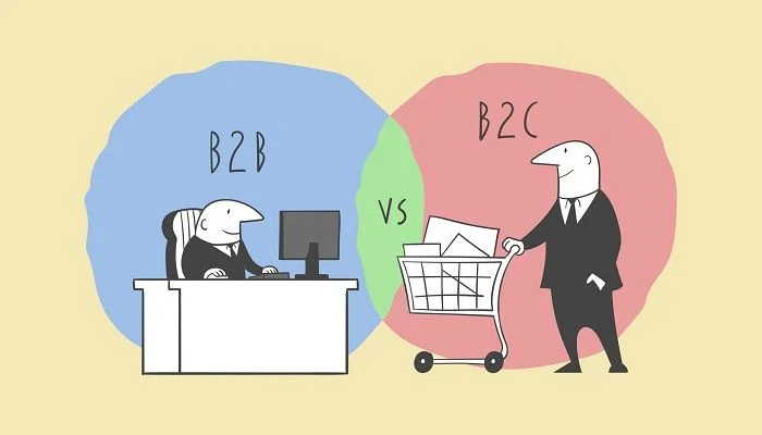 Illustration comparing B2B and B2C with business person at desk vs consumer with shopping cart