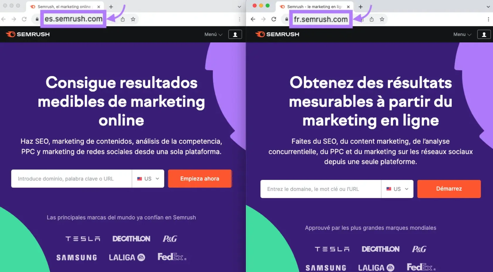 Localized SEMrush landing pages using subdomains for Spanish (es.semrush.com) and French (fr.semrush.com)