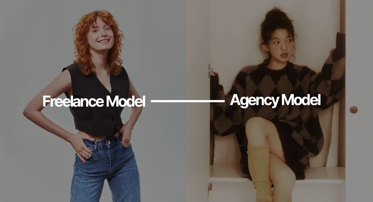 Comparison image showing the difference between freelance models and agency models. Left side represents freelance, right side represents agency.
