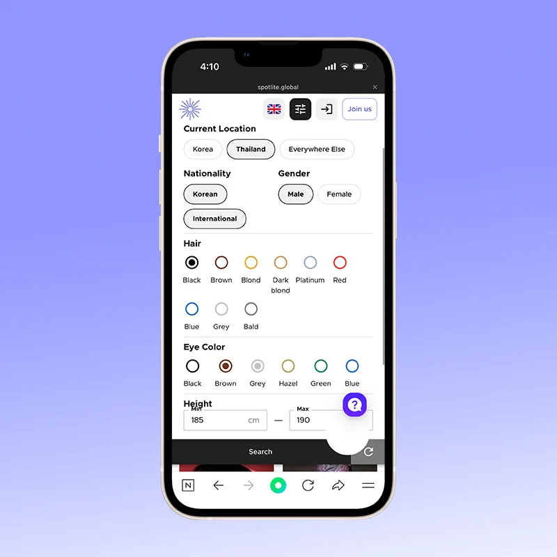 Spotlite’s model search filter UI showing filters for nationality, gender, hair color, eye color, and height.