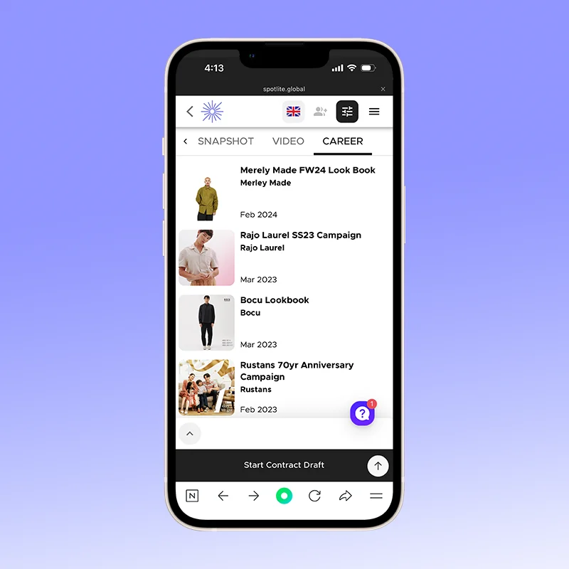 Spotlite career tab showing the model’s previous campaigns and lookbooks