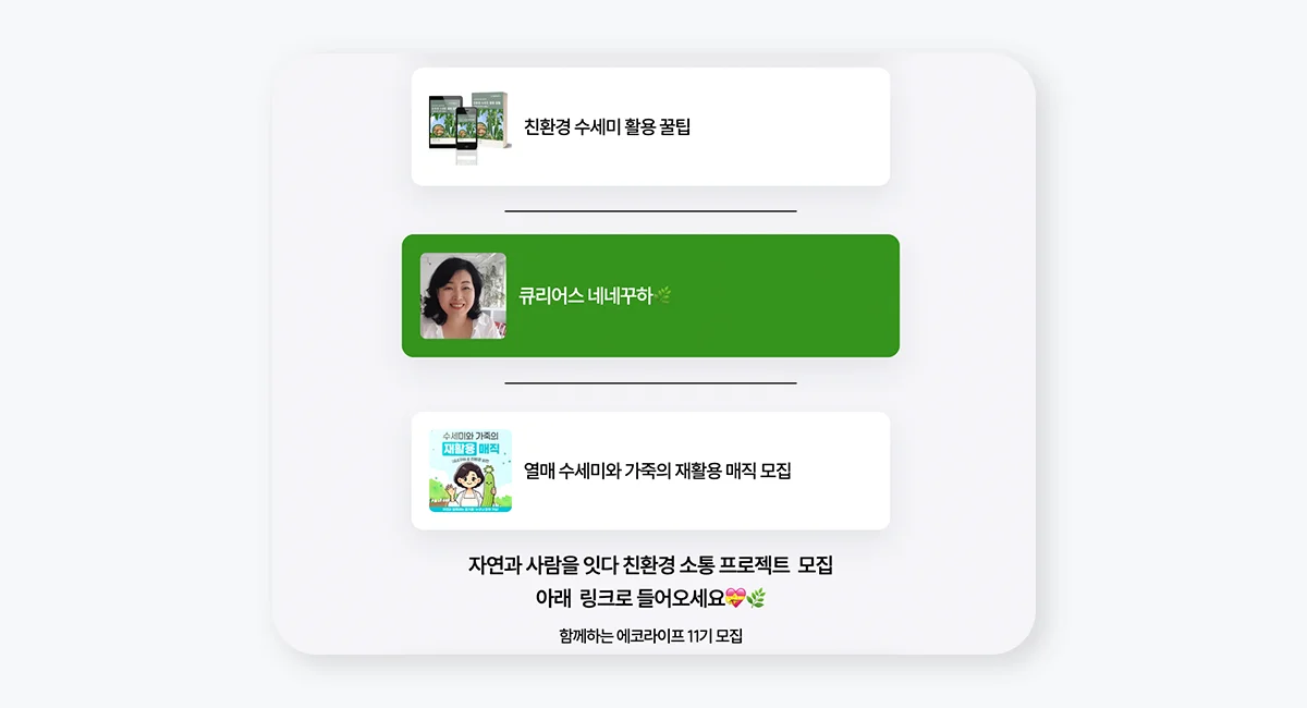 친환경 콘텐츠를 모아둔 큐리어스 네네꾸하 님의 리틀리 프로필 화면, 수세미 활용 꿀팁과 프로젝트 모집 링크 포함