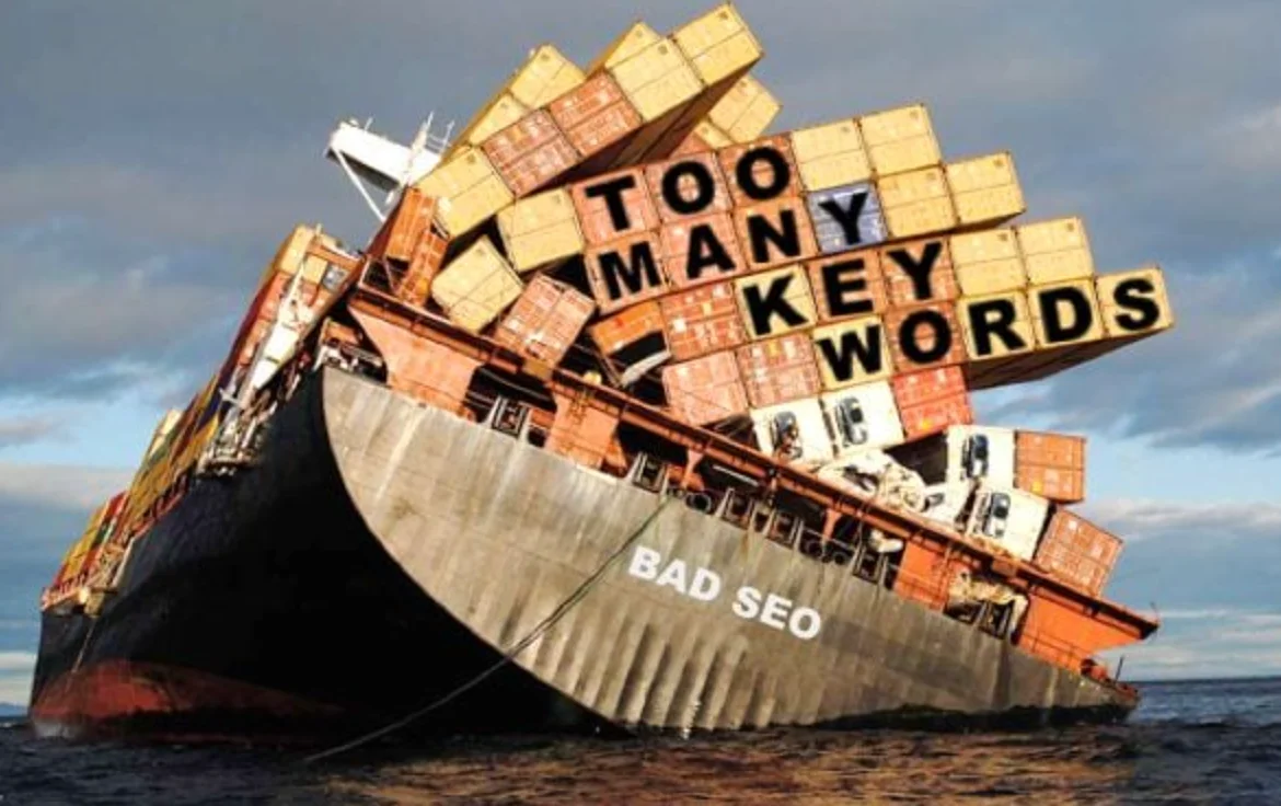 Cargo ship labeled 'Bad SEO' sinking under containers labeled 'Too Many Keywords