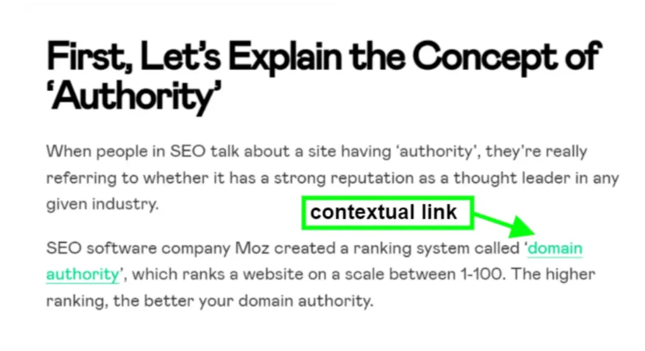 Example of a contextual link within a paragraph about domain authority in SEO