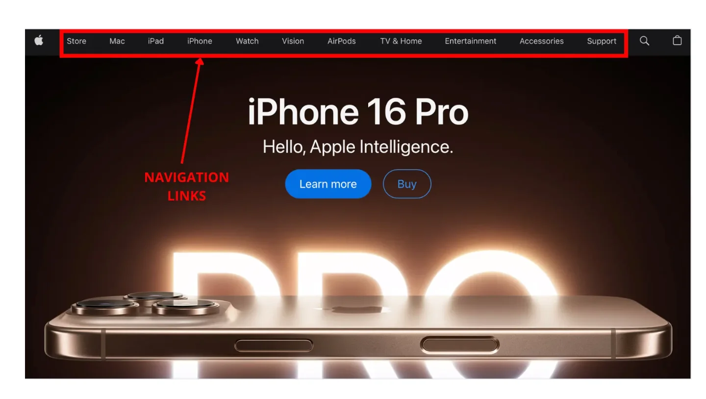 Apple website with primary navigation links highlighted above iPhone 16 Pro banner