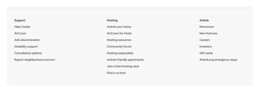 Airbnb website footer with categorized navigation links under Support, Hosting, and Airbnb