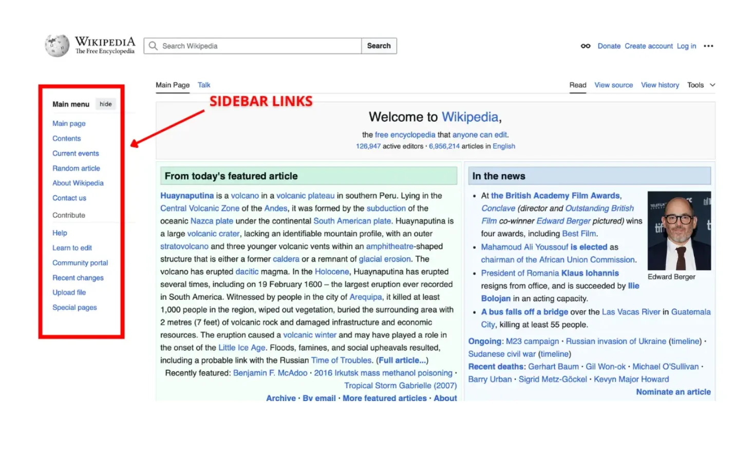 Wikipedia sidebar navigation links with red highlight and label