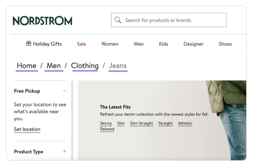 Nordstrom breadcrumb navigation showing path from Home to Men’s Jeans category