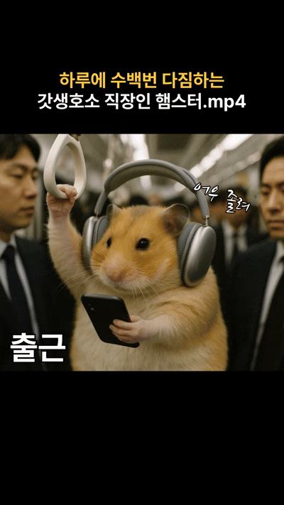 캐럿 AI로 제작한, 직장인 햄스터가 힘든 하루를 보내는 '정서불안 김햄찌' 스타일 공감 영상 예시