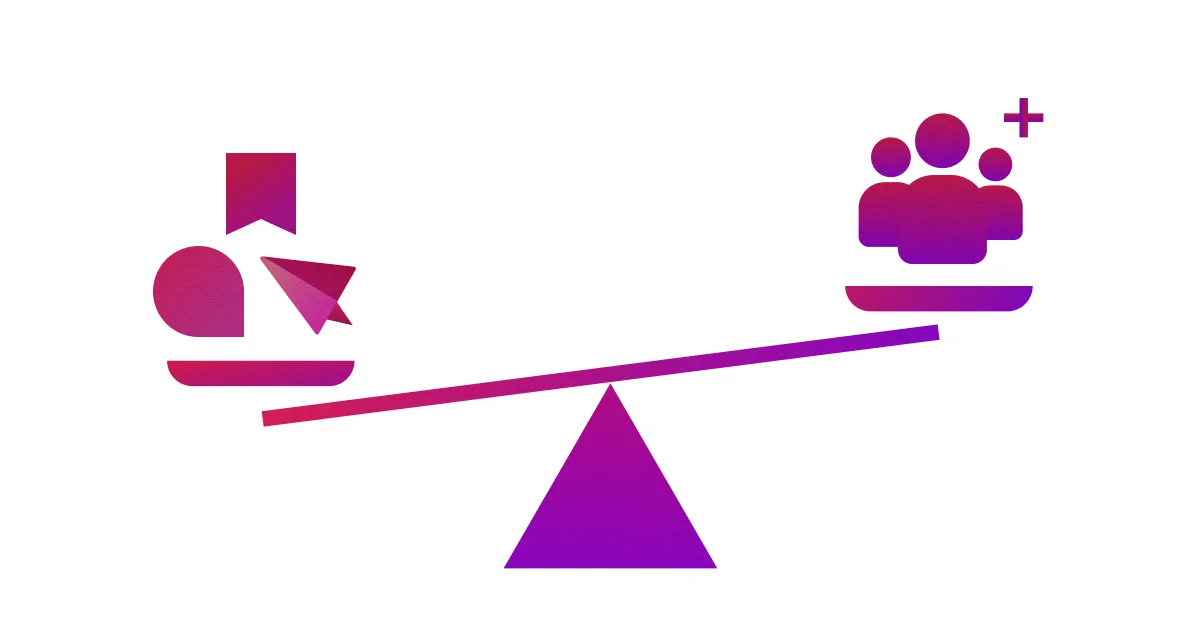 팔로워 수와 인게이지먼트의 균형을 저울로 표현한 이미지. 한쪽에는 팔로워 아이콘, 다른 한쪽에는 사람 아이콘이 올라가 있어 단순 팔로워 수보다 실질적인 반응이 중요함을 시각적으로 강조