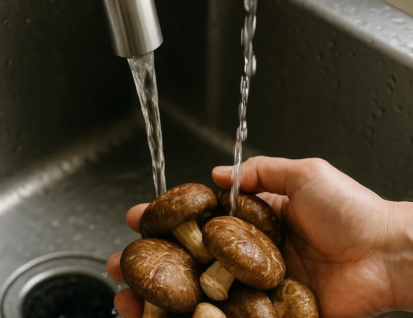 흐르는 물에 표고를 씻고 있는 모습