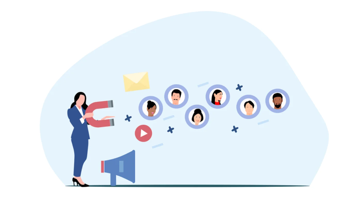 Woman using magnet to attract customer avatars in a digital marketing concept