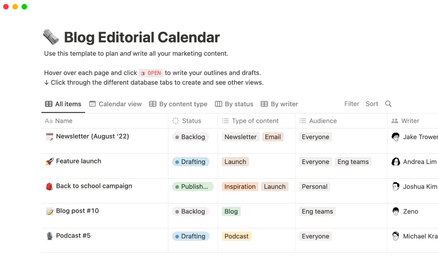 Content planning board with blog, email, and podcast tasks by status in Notion