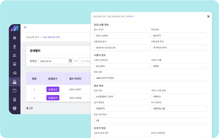 초정밀(RTK) 기반 실시간 위치 파악을 통해 위급 상황 발생 시 관리자와 탑승자에게 자동 안내가 가능한 모블 관리자 어플리케이션