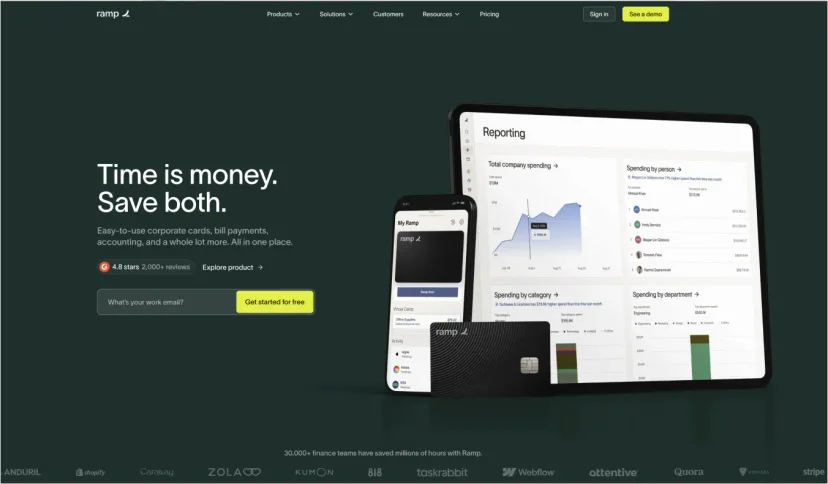 Ramp의 지출 관리 플랫폼 소개 화면, "Time is money. Save both." 메시지 포함