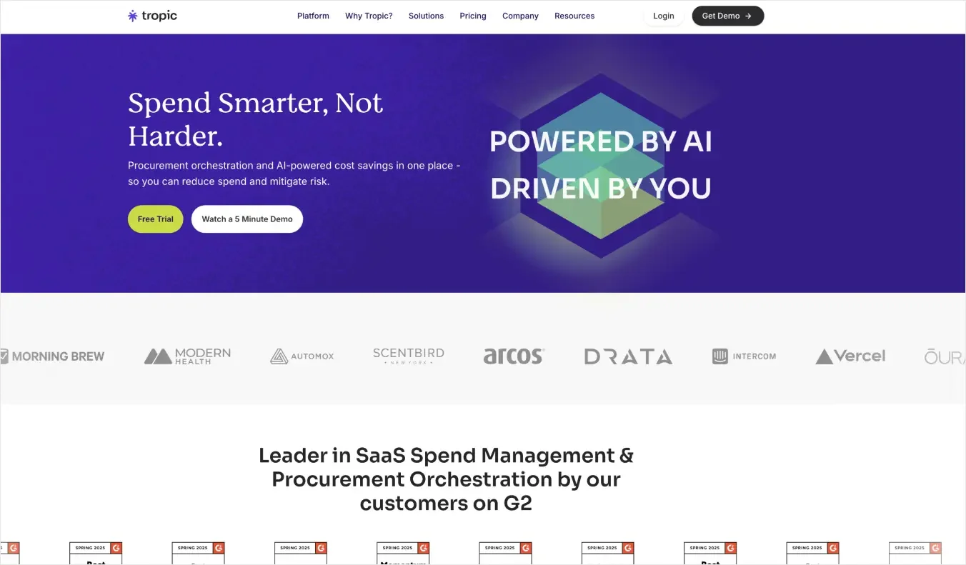 Tropic의 SaaS 구매 및 비용 관리 플랫폼 소개 화면