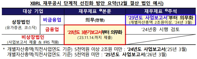 XBRL 재무공시 단계적 선진화 방안 요약 표