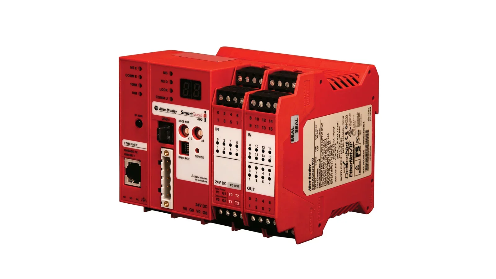 Allen-Bradley SmartGuard 600 안전 PLC. 내장된 이더넷 포트와 다채널 입출력으로 구성된 독립형 Safety Controller 장치