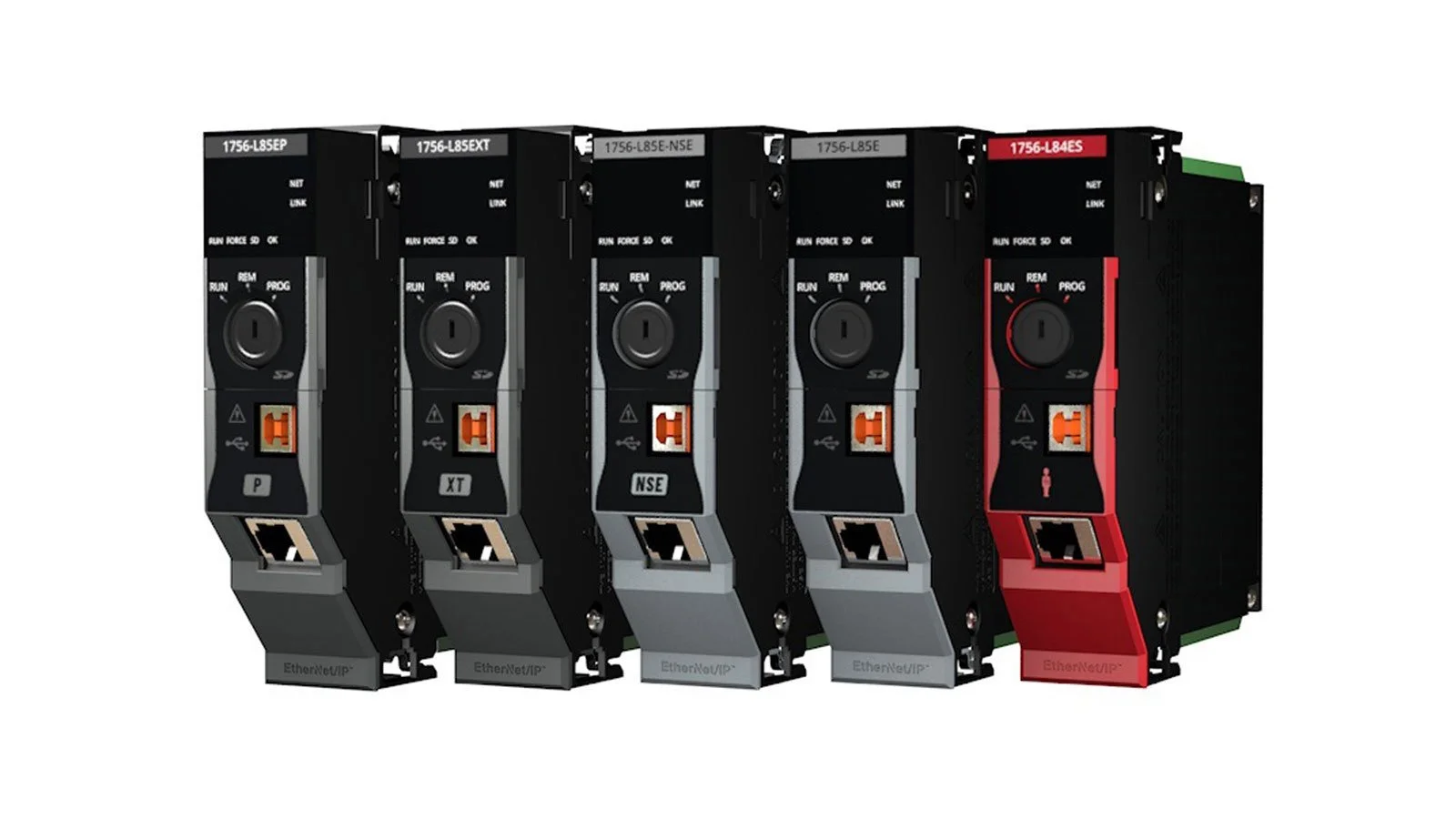 Rockwell Automation의 ControlLogix L8 시리즈 CPU 및 GuardLogix 안전 PLC 모듈 그룹. 고성능 제어용 1756-L85E와 통합 안전 제어용 1756-L84ES 모듈 포함.