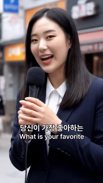 Veo3 AI로 생성된 길거리 인터뷰 영상. 기자가 마이크를 들고 있고, 헤드셋을 낀 할머니가 웃으며 인터뷰에 답하고 있다.