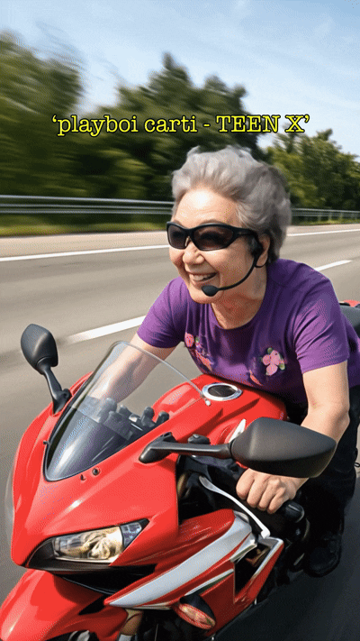 Kling AI로 생성된 속도감 있는 영상. 세련된 할머니가 오토바이를 타고 도로를 달리며 환하게 미소 짓고 있다.