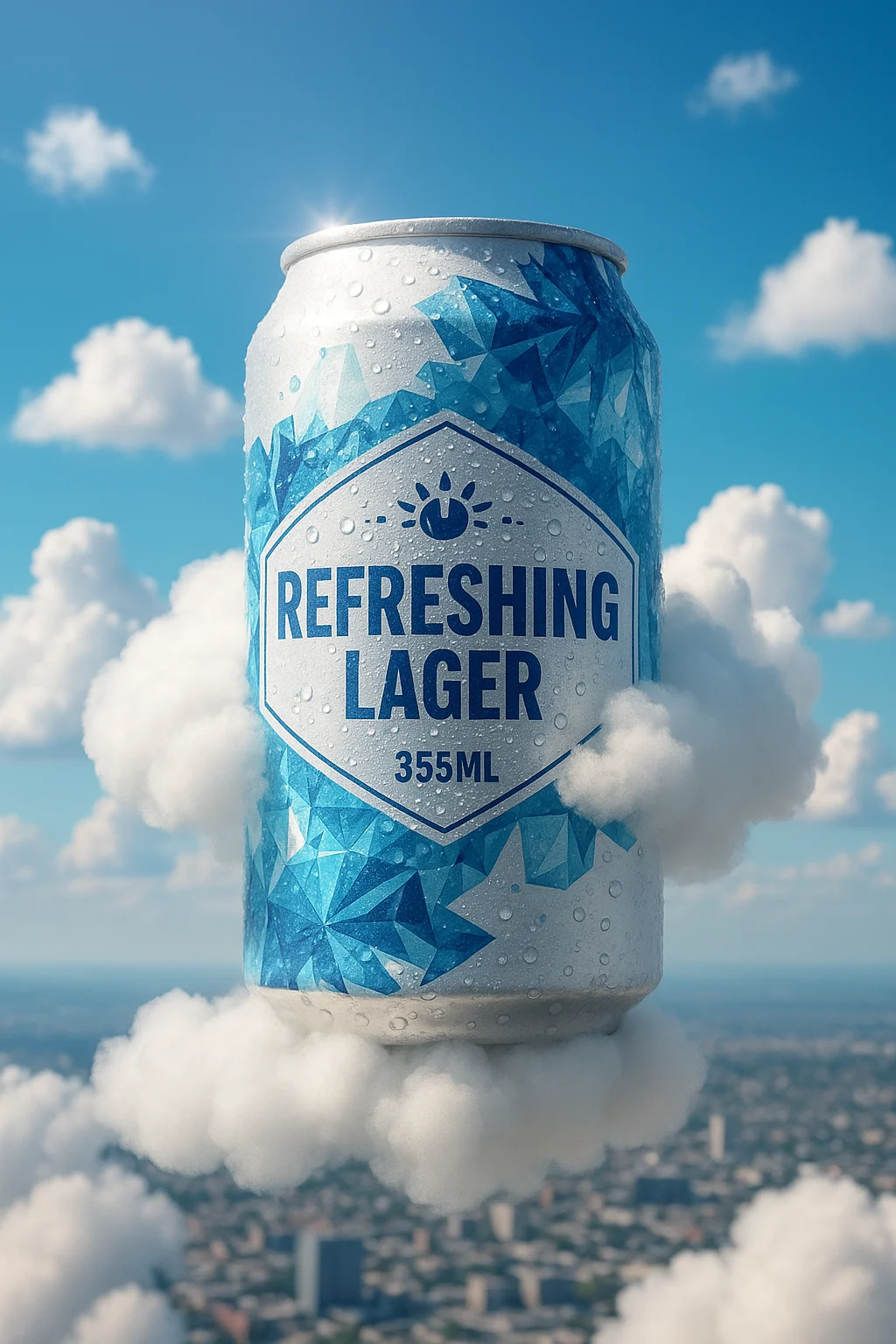 캐럿 AI로 만든, 구름 배경에 합성된 시원한 맥주캔 광고 연출컷