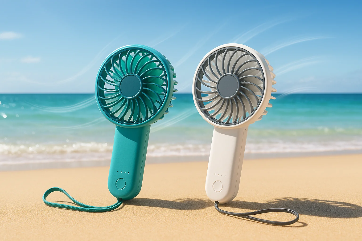 캐럿 AI로 제작한, 바다와 모래 배경에 합성된 손선풍기 제품 이미지