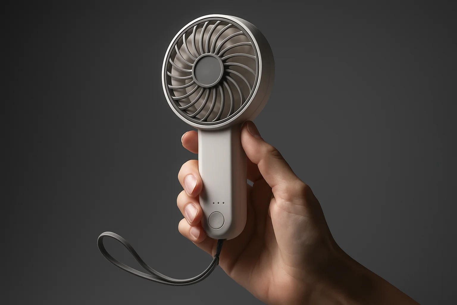 캐럿 AI로 합성한, 손으로 들고 있는 손선풍기 스튜디오 제품 사진