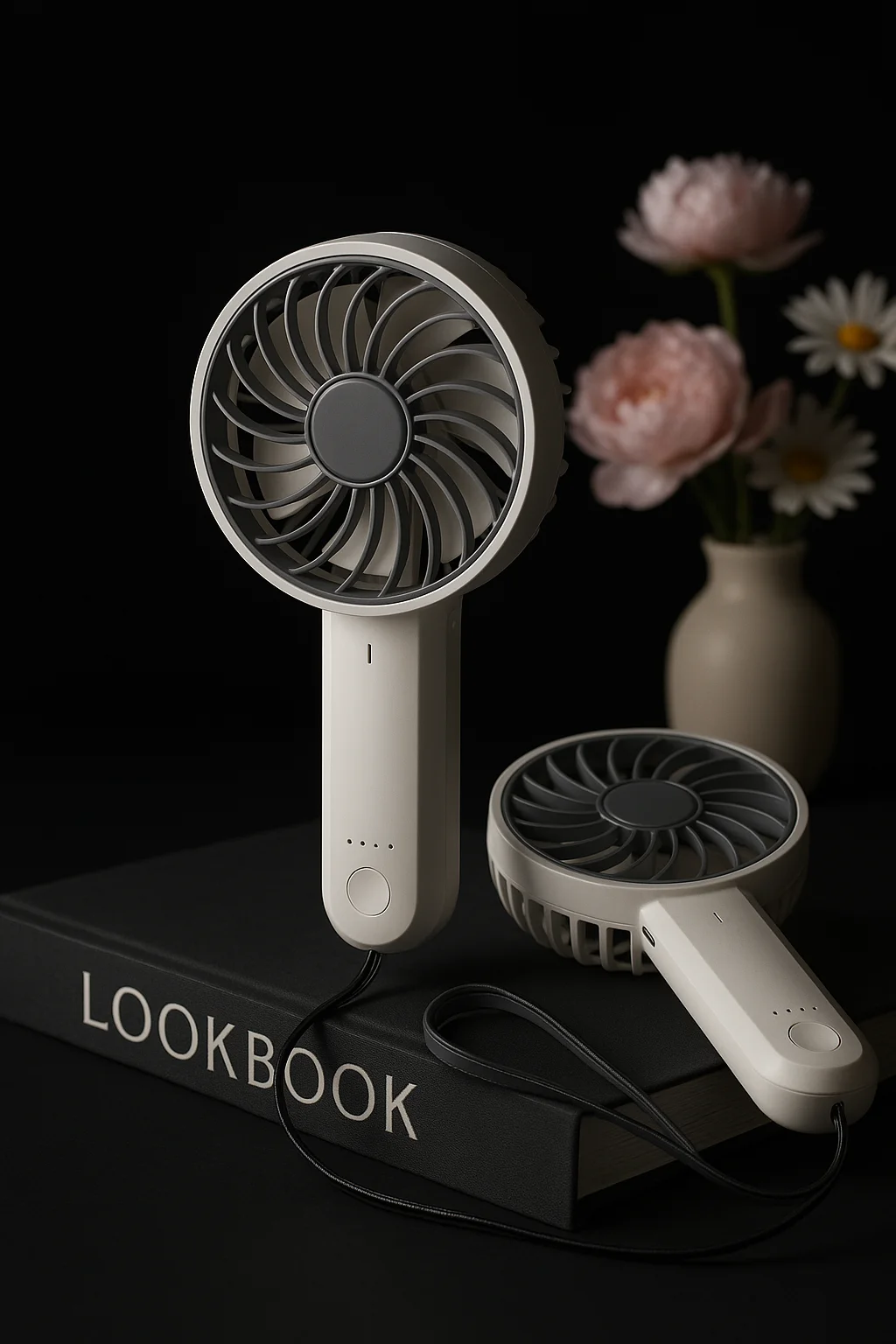 캐럿 AI가 미니멀한 배경에 합성한 손선풍기 상업용 제품 이미지
