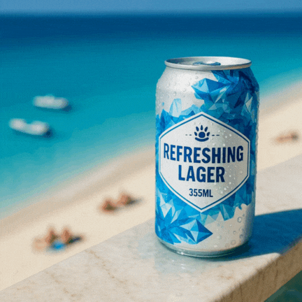 캐럿 AI로 제작한, 해변 배경의 맥주캔 이미지에 움직이는 파도 효과를 더한 제품 영상