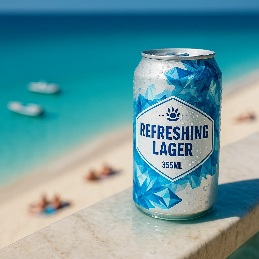 캐럿 AI의 제품 배경 합성 기능으로 만든, 해변 난간 위 맥주캔 탑뷰 이미지