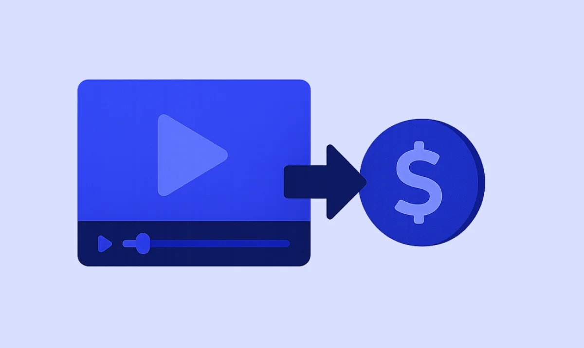 왼쪽의 영상 아이콘에서 오른쪽의 달러 아이콘으로 이어지는 파란색 화살표 그래픽. 콘텐츠를 통한 수익화를 상징하는 시각적 표현으로, 인플루언서의 커머스 전환을 의미함.
