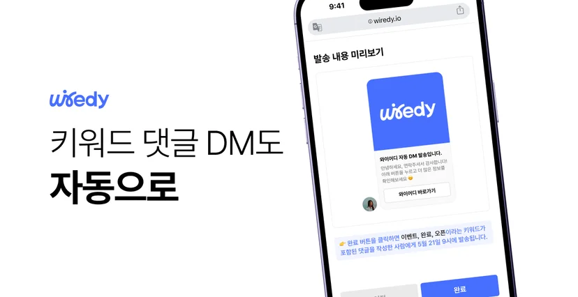 와이어디 자동 DM 서비스 안내 이미지. 스마트폰 화면에 'wiredy 자동 DM 발송되었습니다' 문구와 함께 댓글 키워드에 반응해 자동으로 DM을 보내는 기능이 시각적으로 표현되어 있으며, 왼쪽에는 '키워드 댓글 DM도 자동으로'라는 설명 문구가 강조되어 있음