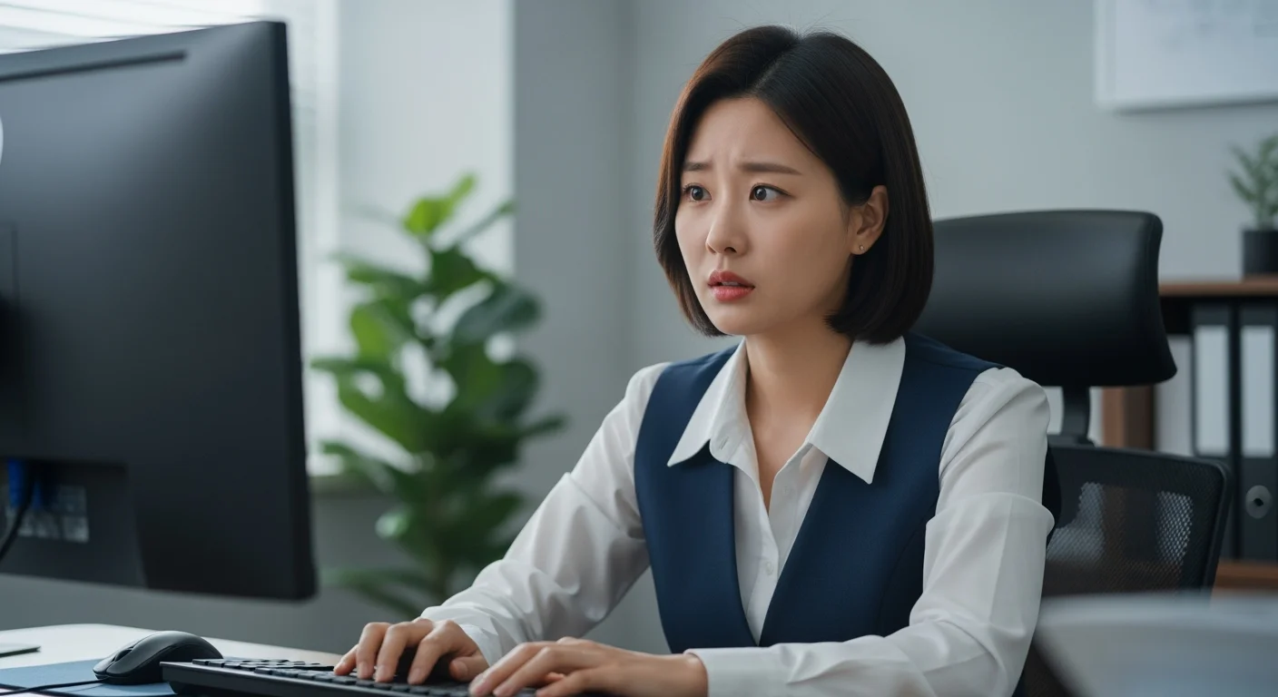 캐럿 AI의 시네마틱 스타일 프롬프트로 생성된, 사무실에서 당황한 표정의 여성을 사실적으로 묘사한 AI 그림