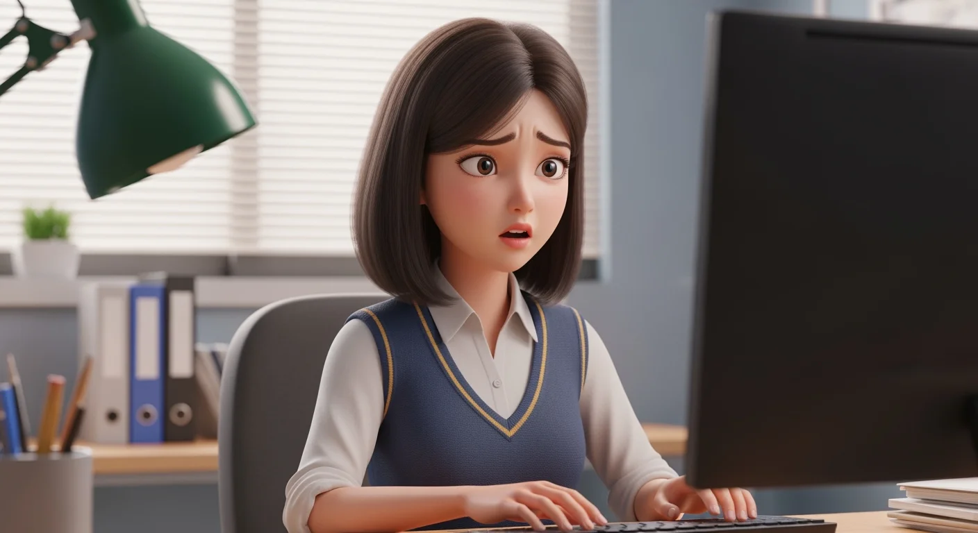 캐럿 AI를 활용해 3D 애니메이션 스타일로 만든, 사무실에서 당황한 표정을 짓고 있는 여성 캐릭터 AI 이미지