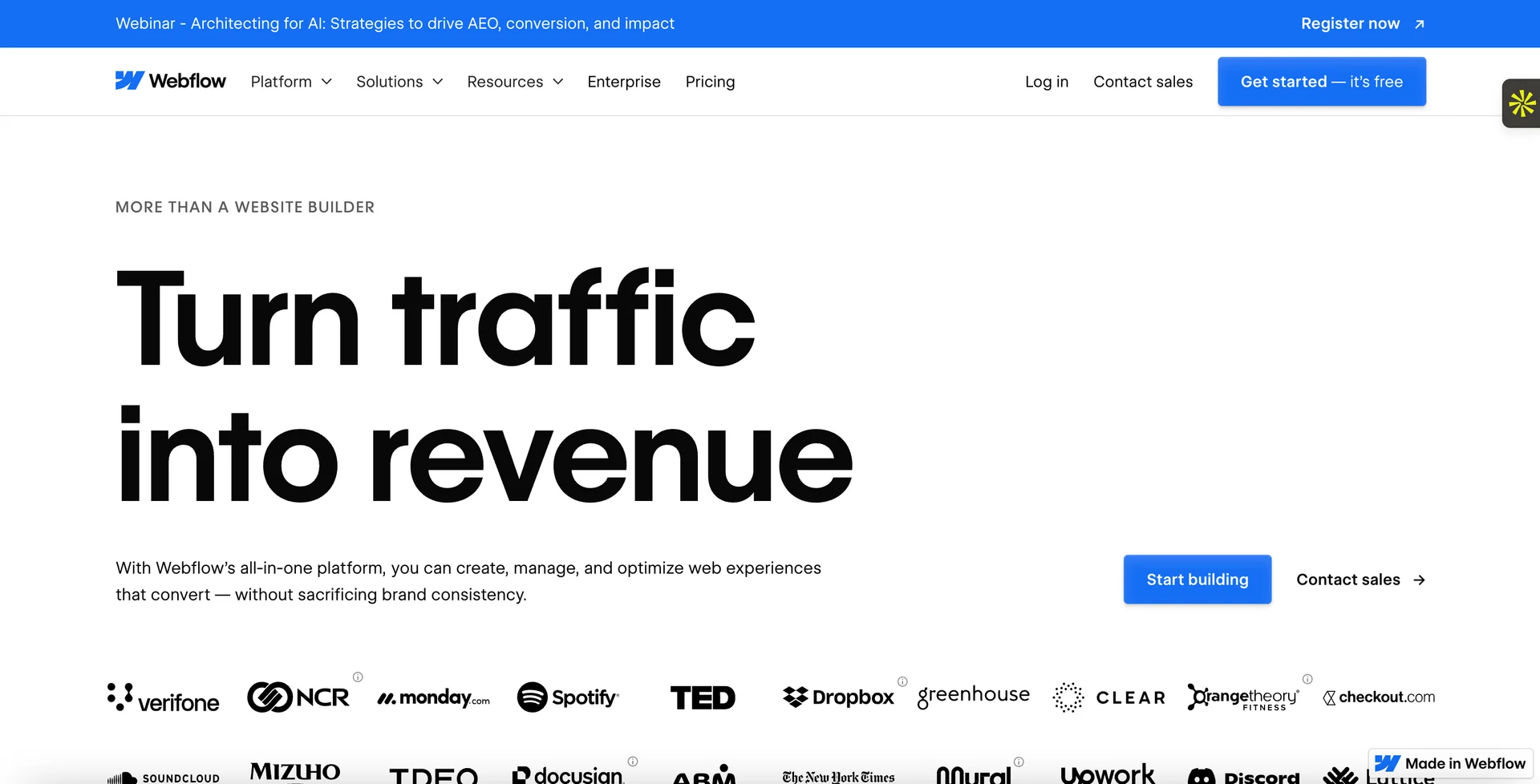 Screenshot of Webflow's homepage 
