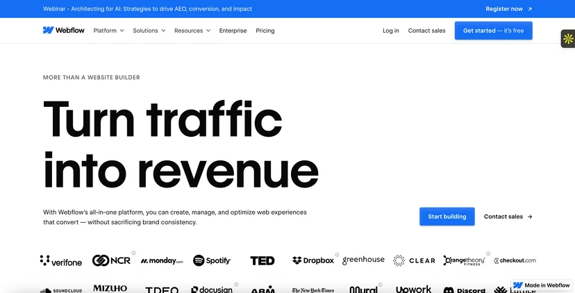 Screenshot of Webflow's homepage 