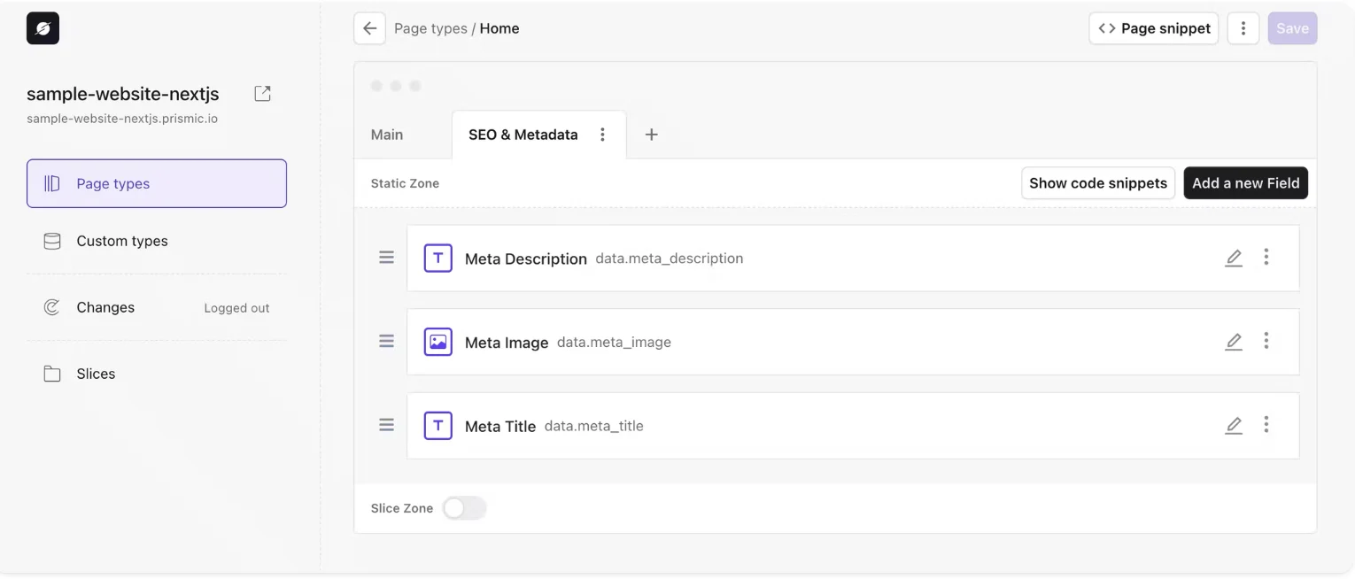Prismic page builder interface with SEO and metadata fields