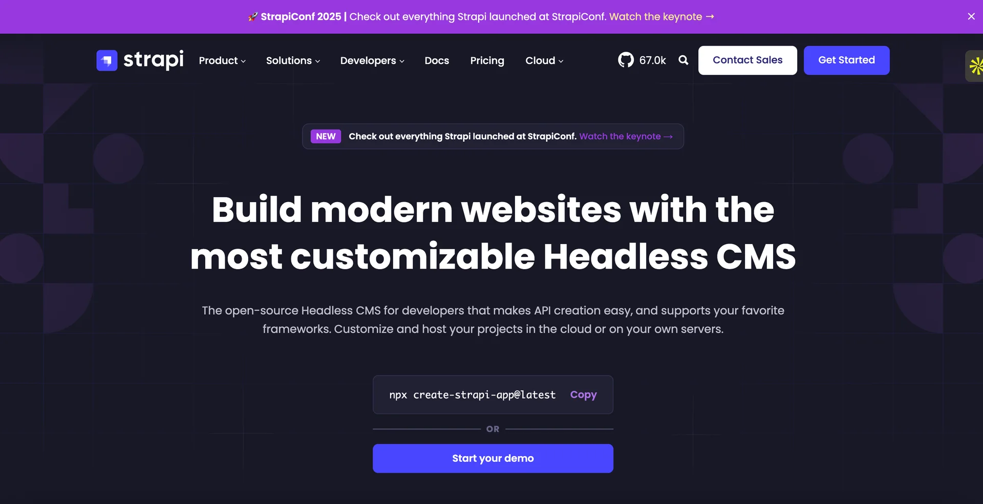 Screenshot of Strapi homepage 