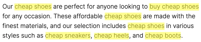 Example of keyword stuffing with repeated 'cheap shoes' phrases