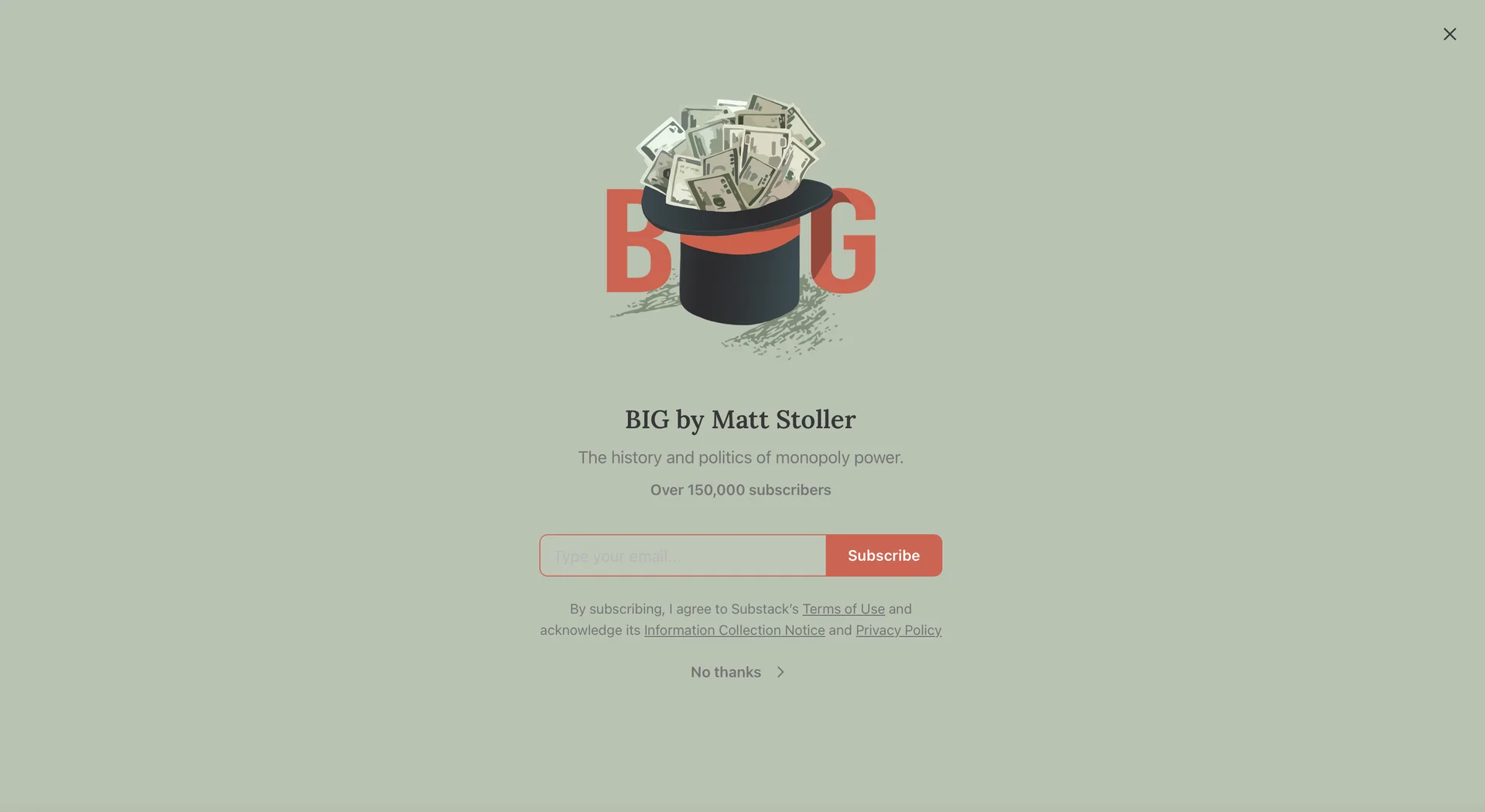 Screenshot of the the newsletter of Matt Stoller created on Substack