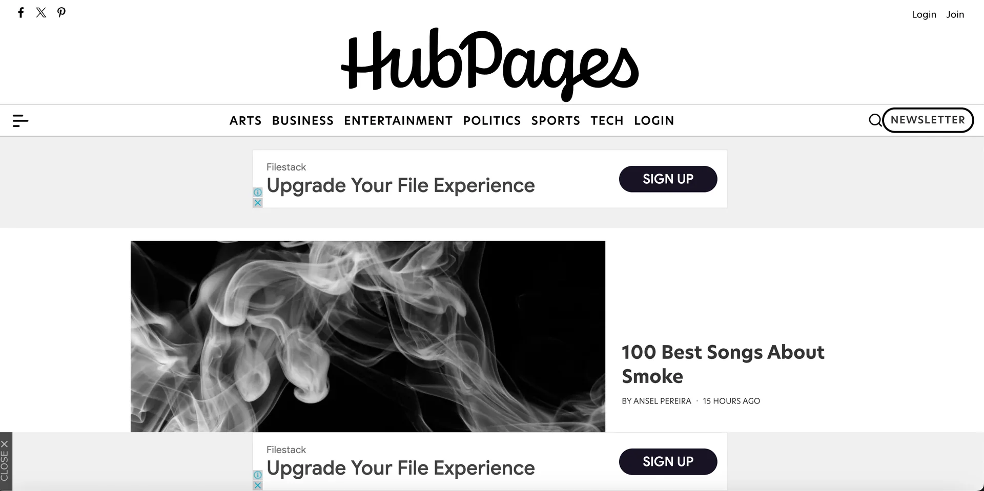 Screenshot of the Hubpages homepage