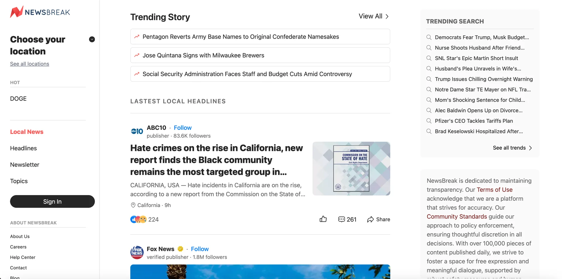 Screenshot of the NewsBreak homepage