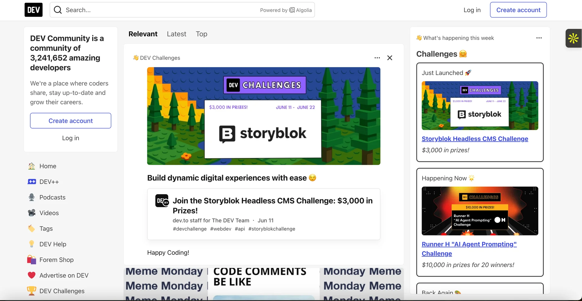 Screenshot of Dev.to homepage